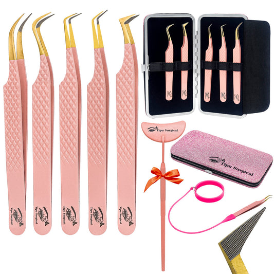 •TIPU Lash Tweezers For Eyelash Extensions pack of 5 with Fiber Tip Tweezers for Lash Extensions-Japanese Stainless Steel - Ideal for Volume & Classic Lashes with Wristband and lash Mirror(Pink Gold)