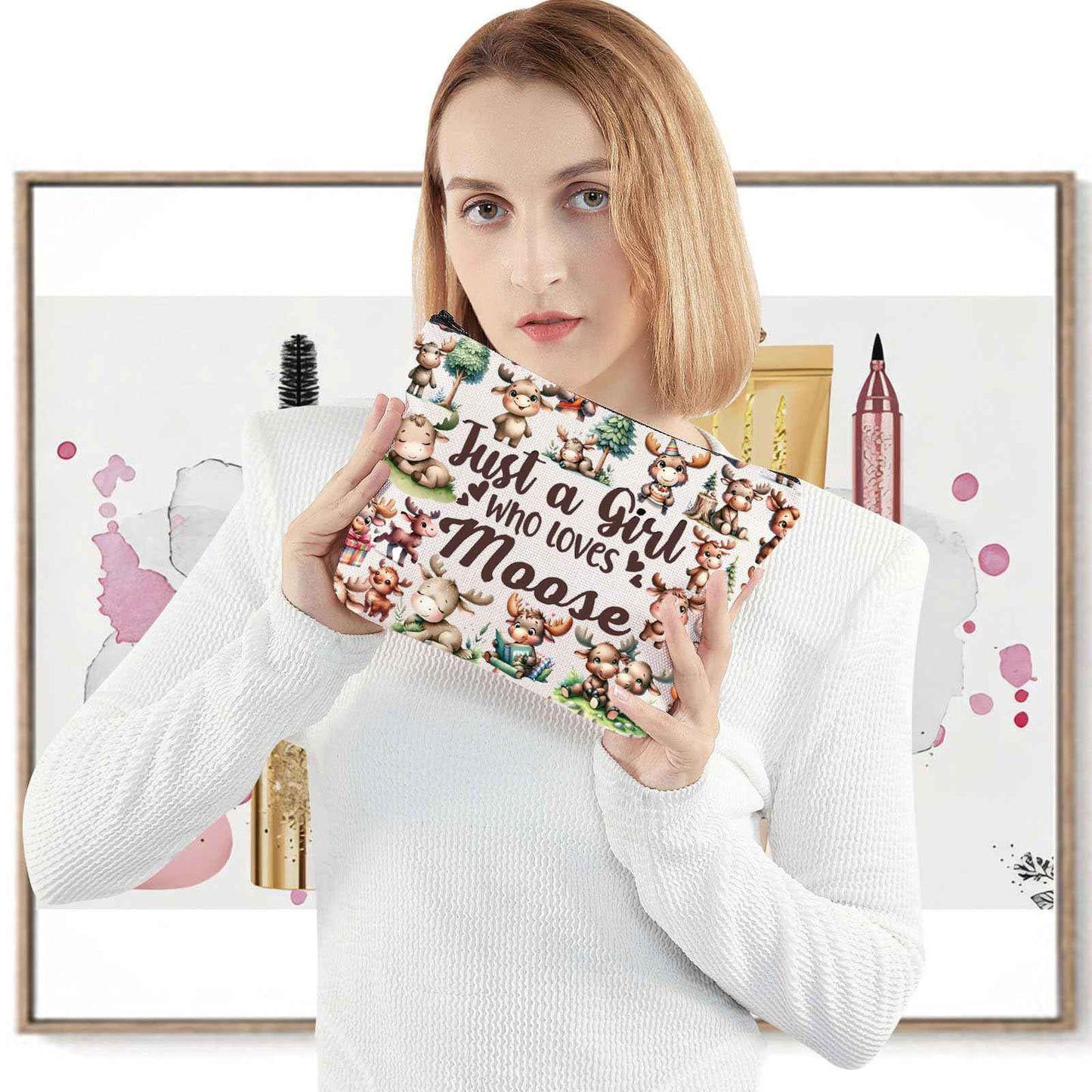 LEVLO Funny Moose Cosmetic Makeup Bag - Animal Lover Gift for Women & Girls (Just Moose Bag)