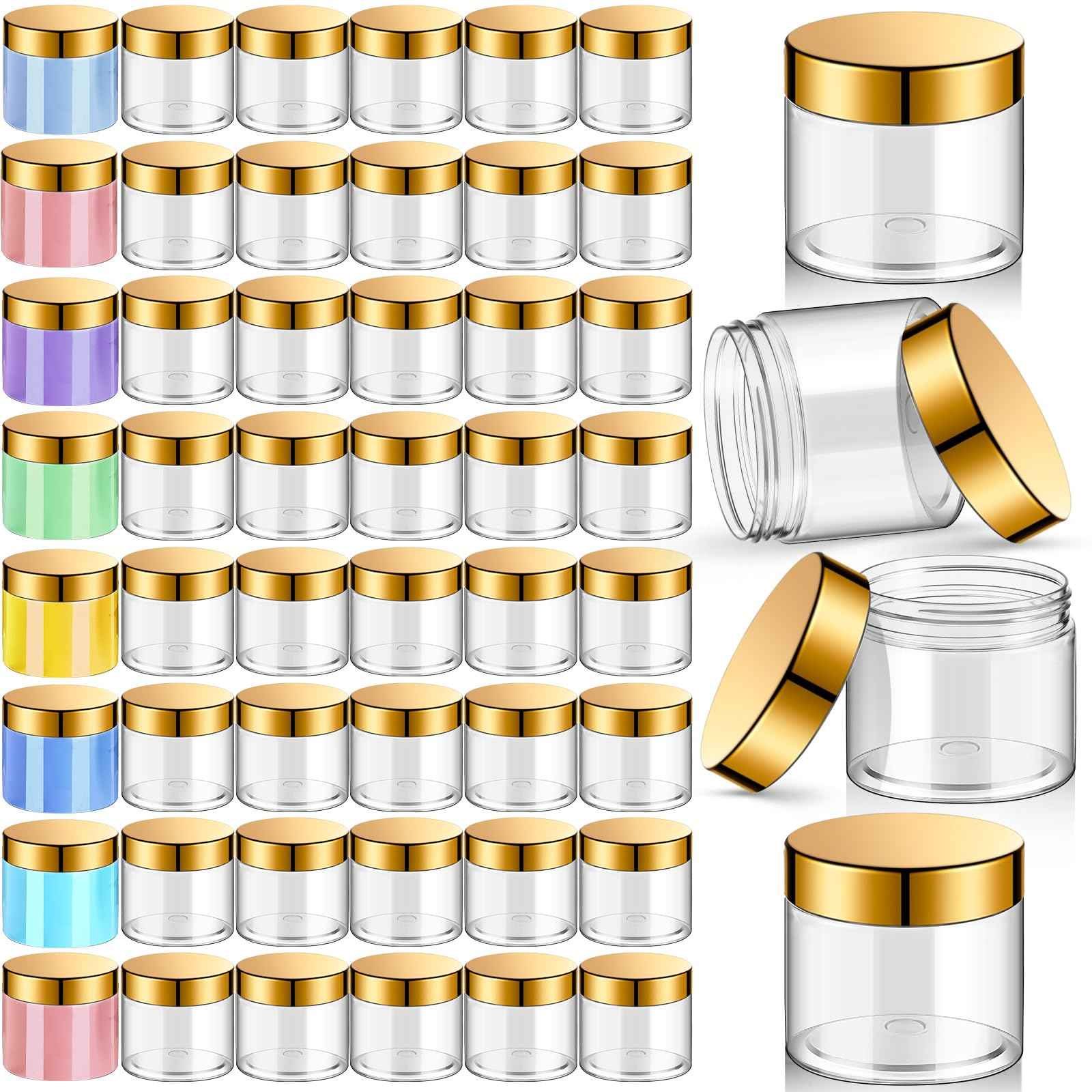 Patelai 48 Pack 6 oz Clear Plastic Jars with Gold Lids Empty Containers Round Clear Plastic Jars Wide-mouth Refillable Storage Organizers for Cosmetics Lotions Butters Slime Making and Food Storage