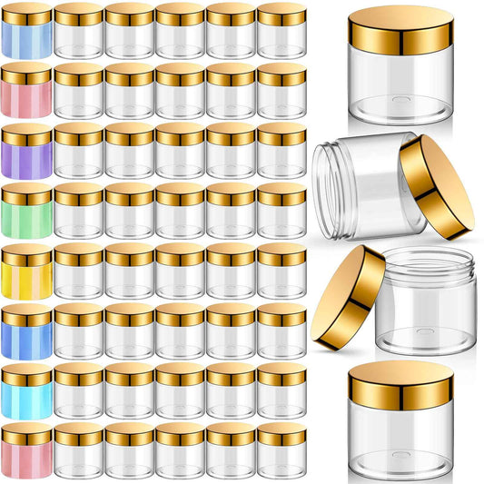 Patelai 48 Pack 6 oz Clear Plastic Jars with Gold Lids Empty Containers Round Clear Plastic Jars Wide-mouth Refillable Storage Organizers for Cosmetics Lotions Butters Slime Making and Food Storage