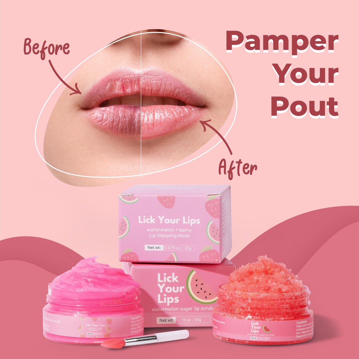 Lick Your Lips Watermelon Lip Scrub and Lip Sleeping Mask Duo to Exfoliate and Nourish Dry, Chapped Lips – Overnight Lip Care Kit to Achieve Soft, Luscious Lips