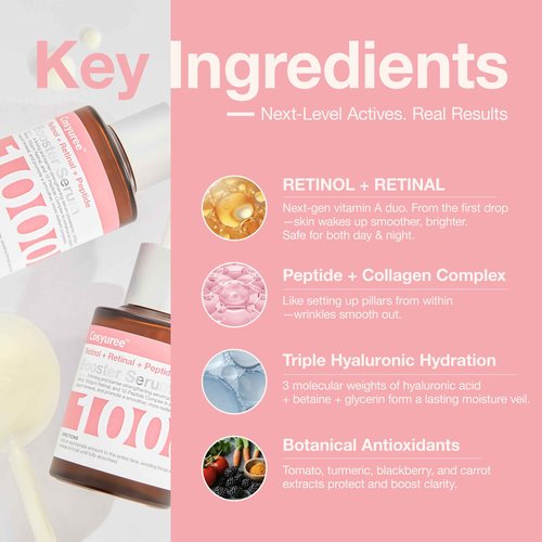 Cosyuree Retinol + Retinal + Peptide Booster Serum – 1,000ppm Retinol, 100 ppm Retinal, Anti-Aging Face Serum with Peptides, Hyaluronic Acid, Niacinamide & Collagen, Fragrance-Free, 30ml (1.01 fl oz)