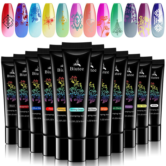 Nail stamping polish gel Pack of 12 Colors 8ML UV LED Gel Polish Special Polish Gel Printed Nail Polish Gel for nail stamping plate