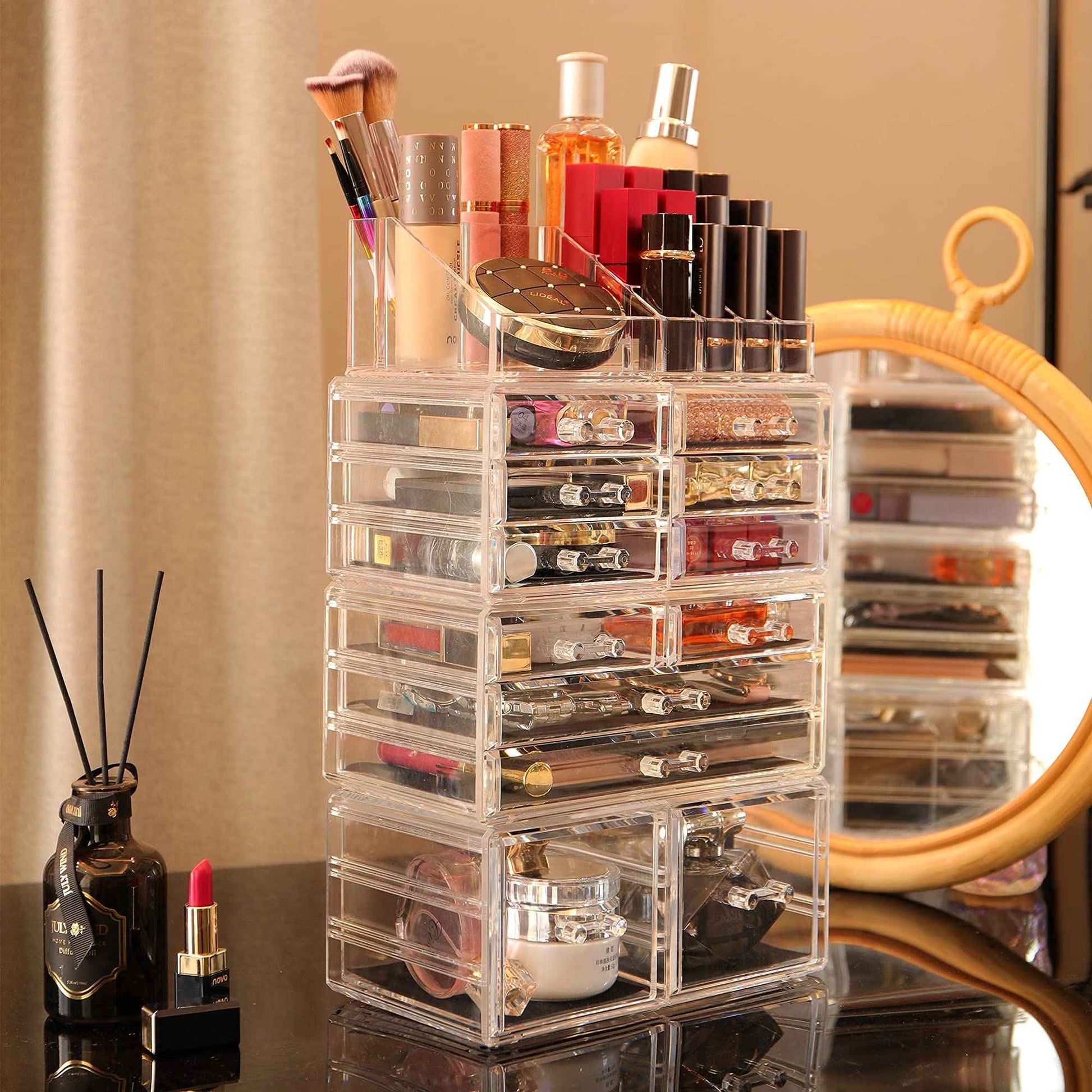 Cq acrylic 4 Pack Clear Makeup Organizer Countertop,Stackable 12 Drawers Skincare Organizer,Cute Skin Care Organizer for Vanity Hair Clip,Jewelry,Beauty Product Desk and Make Up Organizers for Vanity