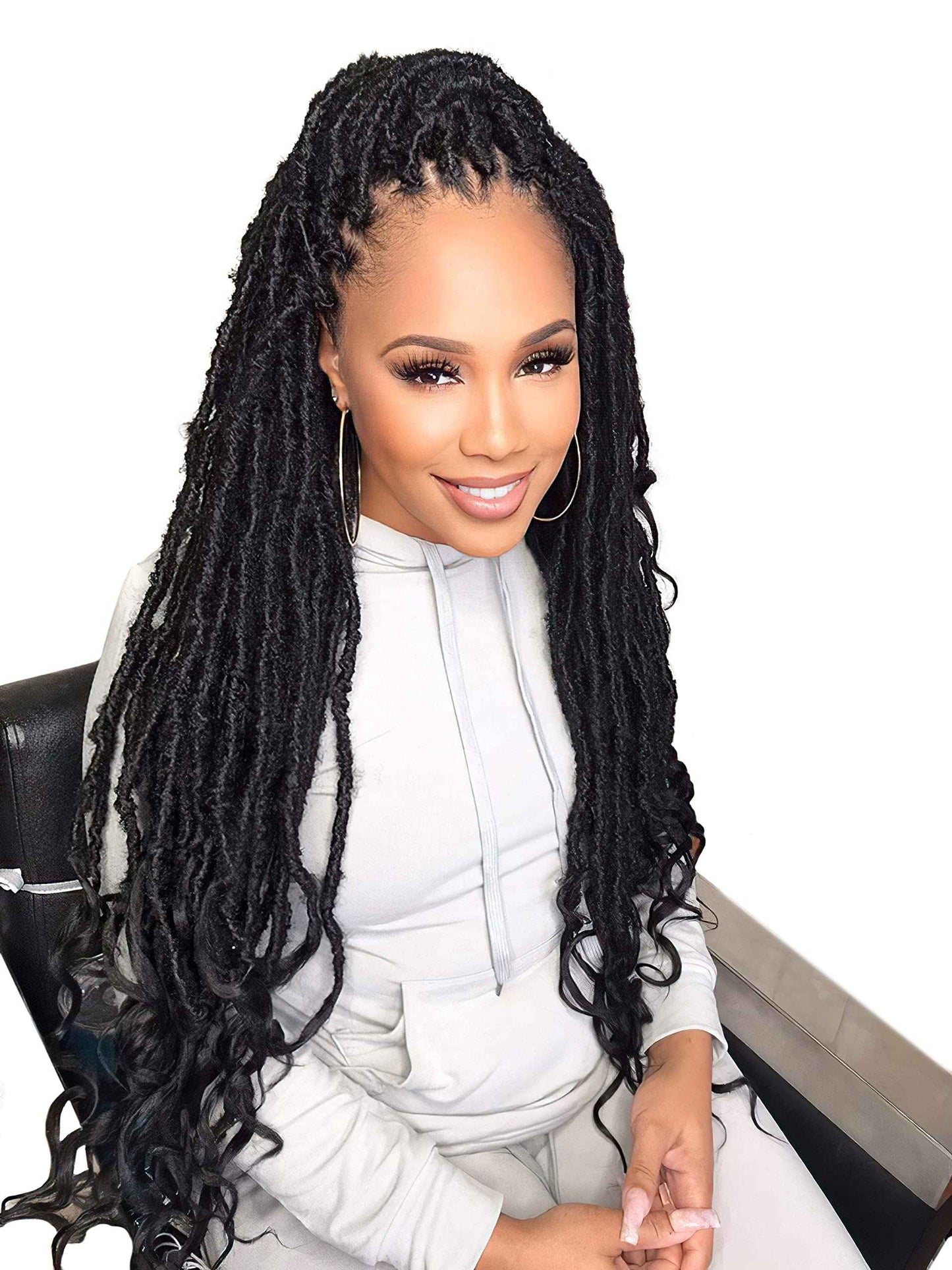 Niseyo Wild Locs 24 Inch Distressed New Faux Locs with Curly Ends 8 Packs Long Soft Pre-looped Goddess Crochet Hair (2#, Off Black)