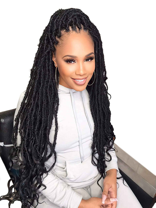 Niseyo Wild Locs 24 Inch Distressed New Faux Locs with Curly Ends 8 Packs Long Soft Pre-looped Goddess Crochet Hair (2#, Off Black)