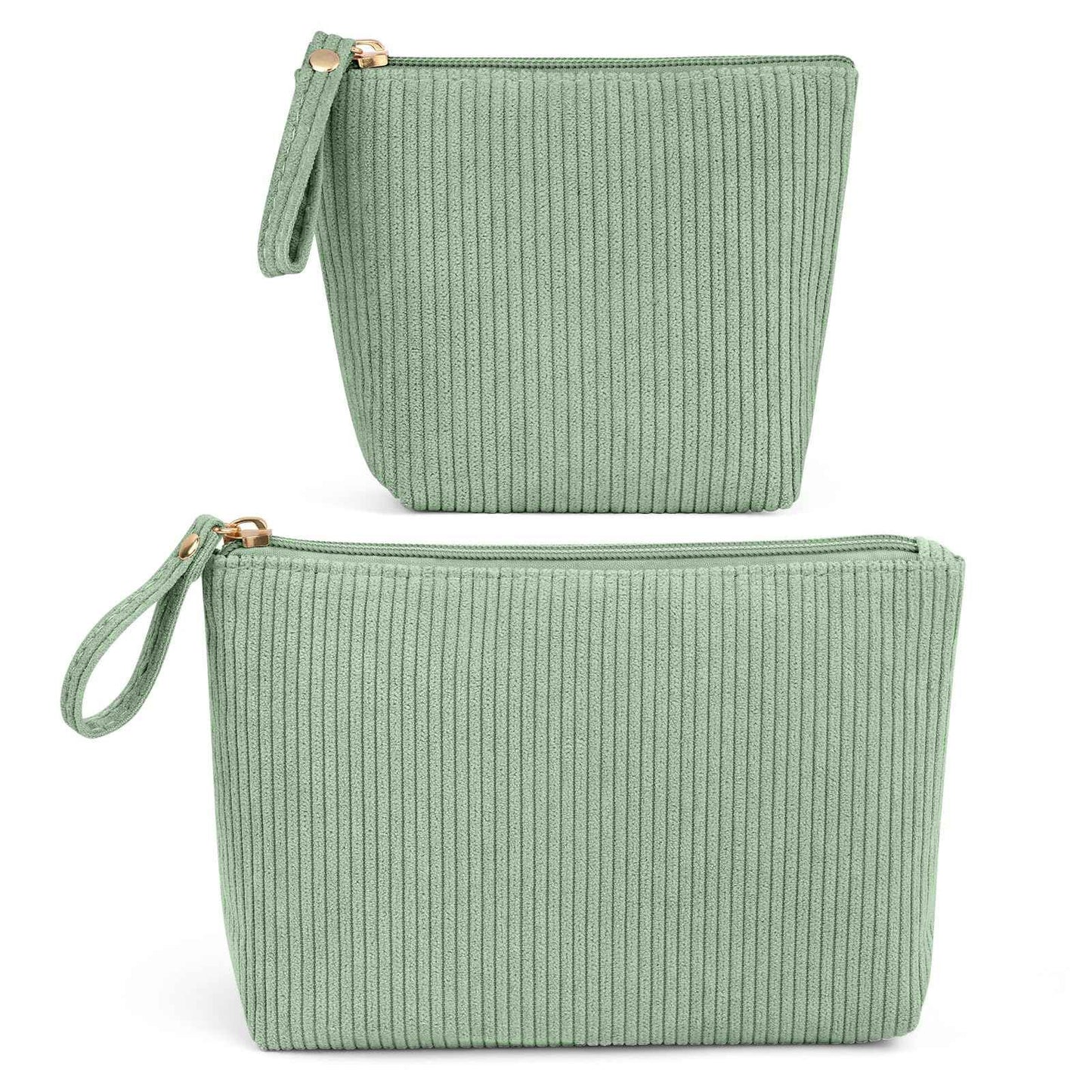 MAGEFY 2Pcs Makeup Bag Set, Cute Makeup Pouch for Purse Corduroy Travel Cosmetic Pouch for Women with Slip-in Pockets for Purse Essentials Accessories(Green,Mini+Small)