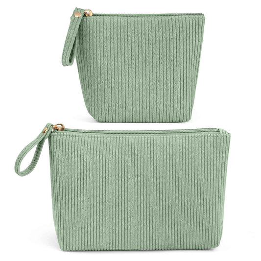 MAGEFY 2Pcs Makeup Bag Set, Cute Makeup Pouch for Purse Corduroy Travel Cosmetic Pouch for Women with Slip-in Pockets for Purse Essentials Accessories(Green,Mini+Small)