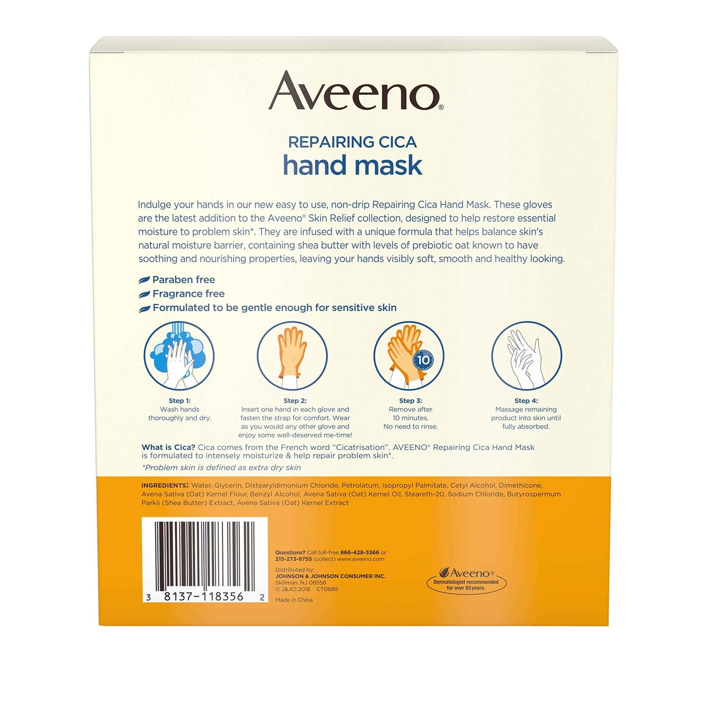 Aveeno Repairing Cica Hand Mask With Prebiotic Oat and Shea Butter, 6 Count