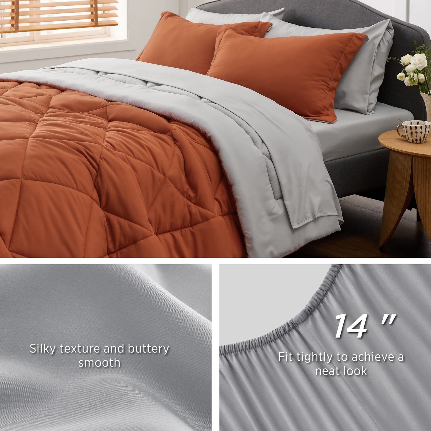 Bedsure Burnt Orange Twin Comforter Set - 5 Pieces Reversible Twin Bed in a Bag, Extra Long Twin Bed Set with Comforters, Sheets, Pillowcase & Sham, Twin Bedding Sets for College