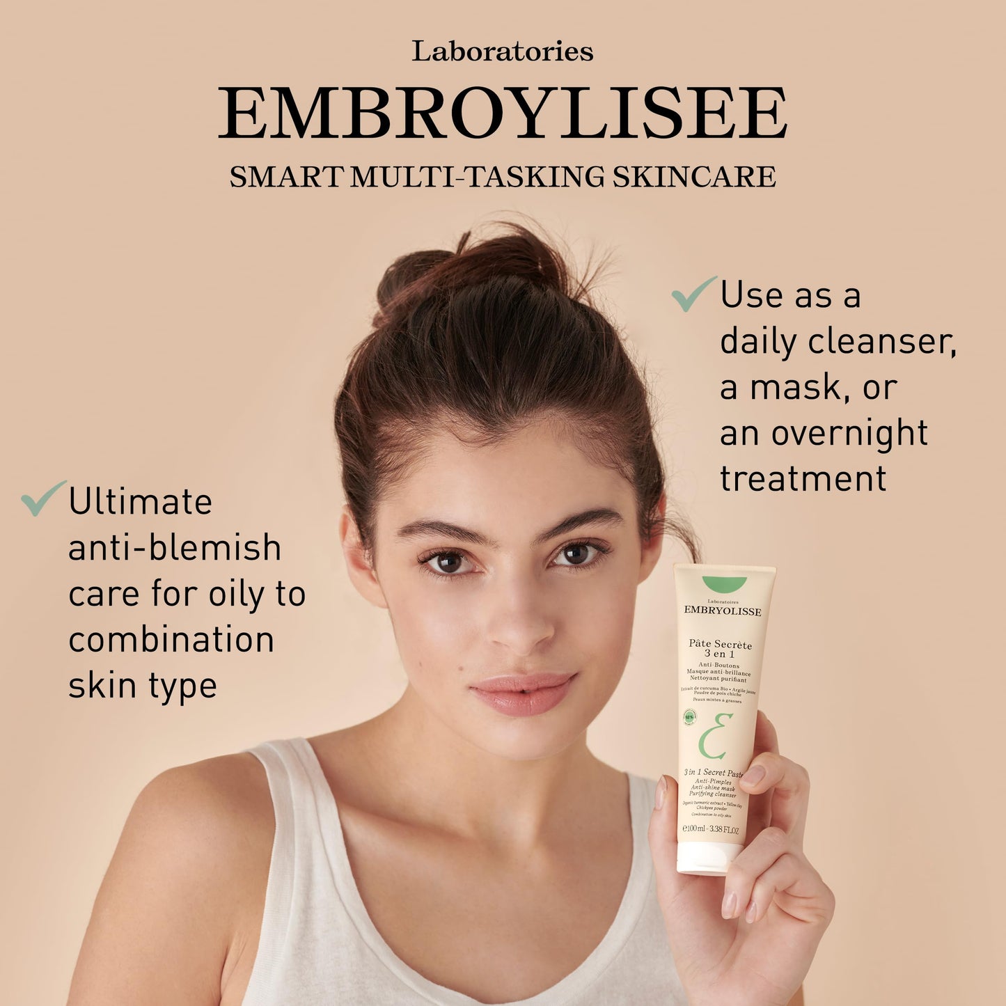 Embryolisse 3 in 1 Anti-pimples & Acne Treatment - Multipurpose Clay Mask to Control and Clear Breakouts - For Oily to Combination Skin, Paraben Free, Oil Free & Non-Comedogenic, 3.38 Fl Oz