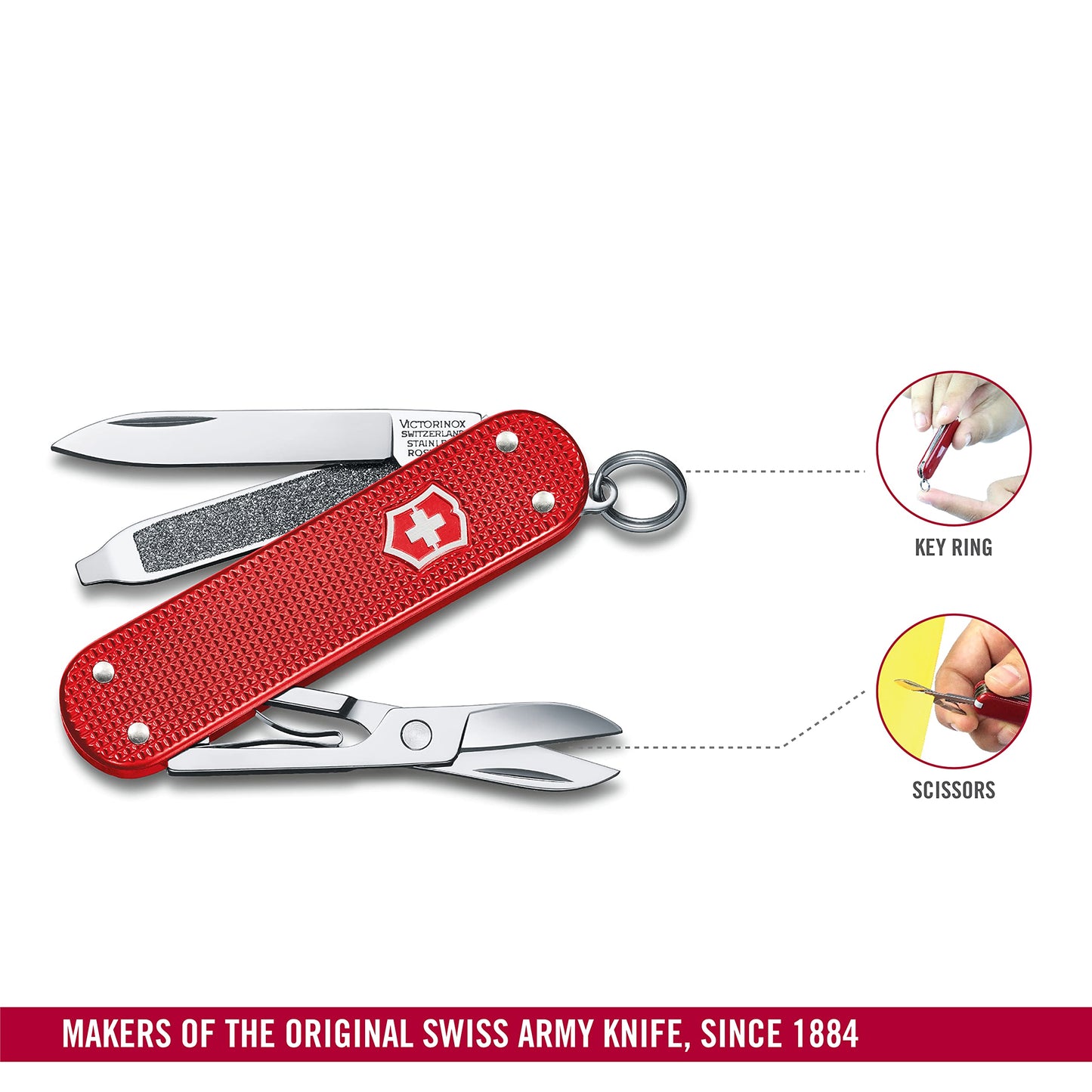 Victorinox Classic SD Alox Swiss Army Knife, Compact, 5 Functions, Swiss Made Pocket Knife with Small Blade, Screwdriver and Key Ring - Sweet Berry (Red)