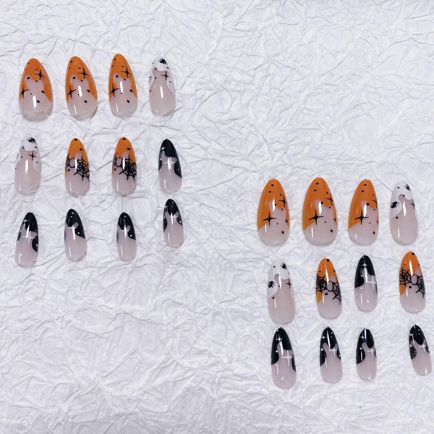 24Pcs Halloween Press on Nails Medium Length Almond Fake Nails Full Cover Black Spider Web Stick on Nails White Orange French Tip Artificial Acrylic Nails with Stars Design False Nails for Women Girls