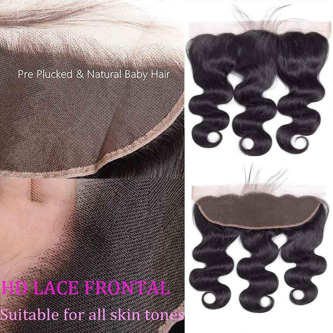 13x4 Lace Frontal Closure Body Wave Ear to Ear 16 Inch Brazilian Virgin Human Hair Closure Free Part 180% Density Hair Extensions Pre Plucked Natural Black 180% Density (13 x 4 Body Wave, 16 inch)