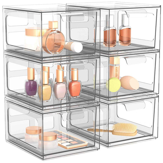 SpaceHacks 6 Pack Stackable Plastic Makeup Organizer Drawers, Acrylic Organizers, Clear Storage Bins with Pull-Out Handles for Vanity, Kitchen Cabinets, Pantry