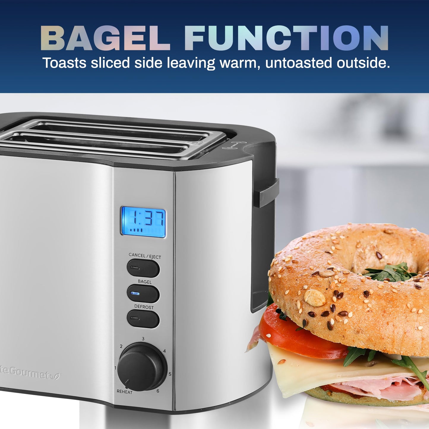 Elite Gourmet ECT2145 Extra Wide Slot 2-Slice Toaster, Bagel Function Reheat, Defrost, & Cancel Functions, 6 Toast Settings, Built-in Warming Rack, Countdown Timer, Stainless Steel