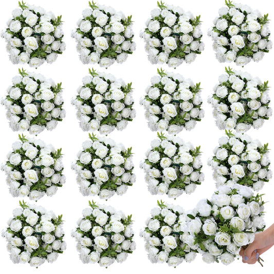 Zeyune 16 Bunches 12 in Artificial Mini Rose Bouquet 160 Heads Bridal Flower Bouquets Silk Roses Fake Roses Bulk for Home Office Garden Parties Wedding Christmas Decoration(White)