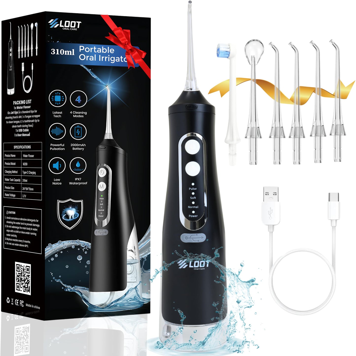 Dental Water Flosser Cordless, 310ML Electric Flosser with 4 Cleaning Modes & 6 Replaceable Jet Tips, IPX7 Waterproof Electric Waterflosser for Teeth Cleaning (6 Tips)