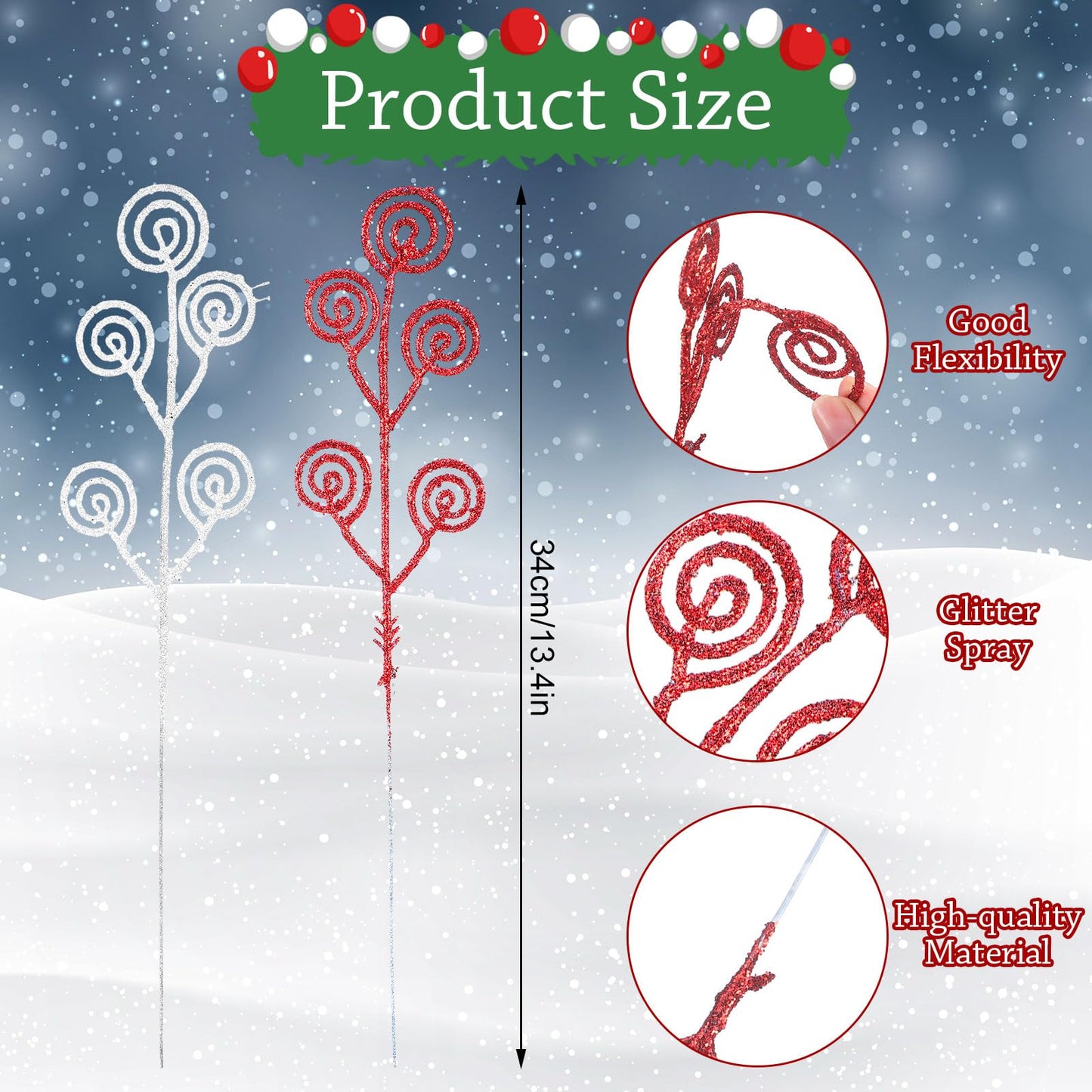 Riceshoot 50 Pcs Christmas Tree Picks and Sprays Artificial Glitter Stem Ornaments Curly Decorative Sticks for Vases Tall Candy Christmas Tree Twigs for Wedding Holiday Party Decoration (Red, White)