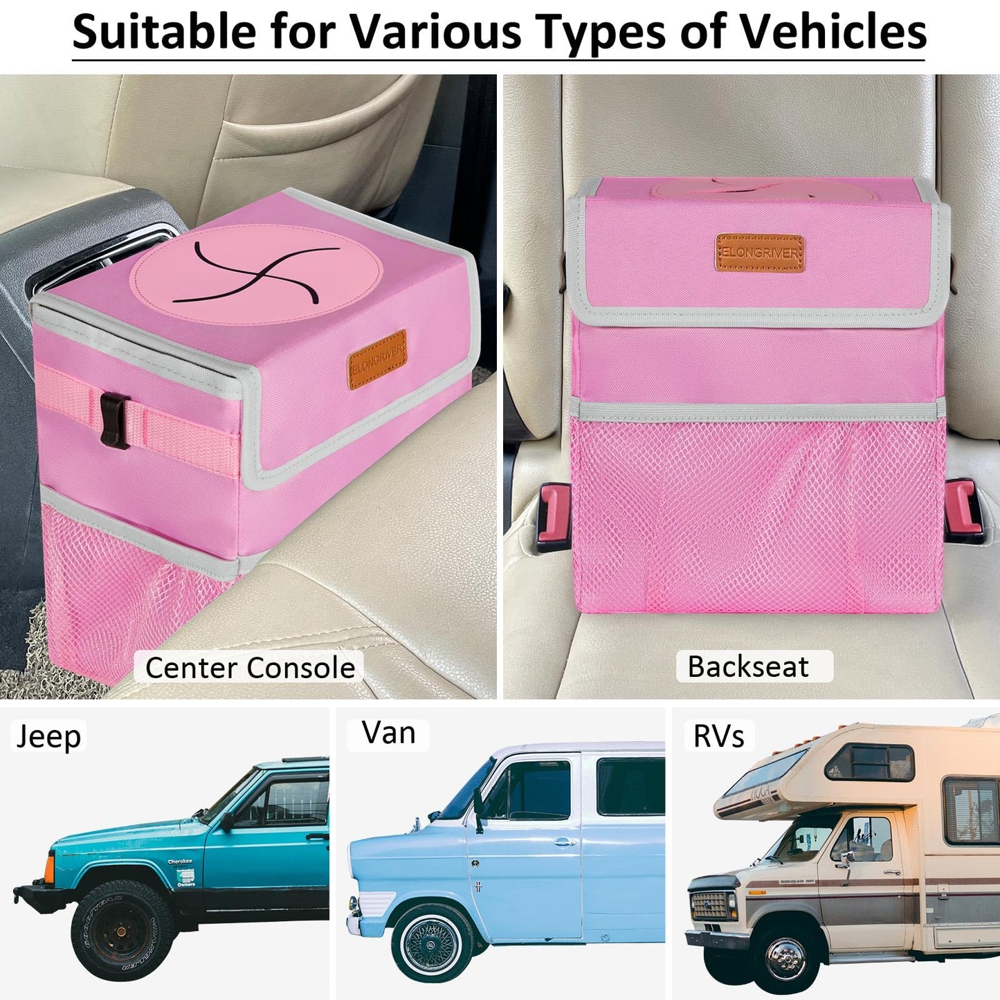 ELONGRIVER Car Trash Can for SUVs, Trucks, Vans - Pink, 2 Gallons Capacity, Leak-Proof Liner, Utility Clasps, Cute Design