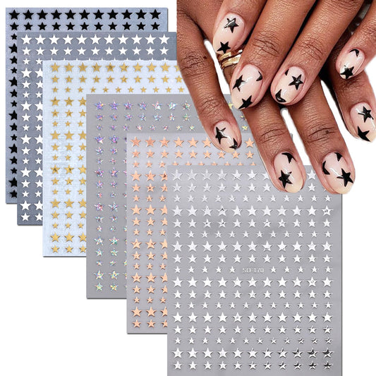 6 Sheets Star Nail Stickers 3D Black Silver Gold Star Stickers for Nails Art Design White Gold Nail Art Stickers Foil Nail DIY French Nail Decals for Women Manicure Tips Accessories