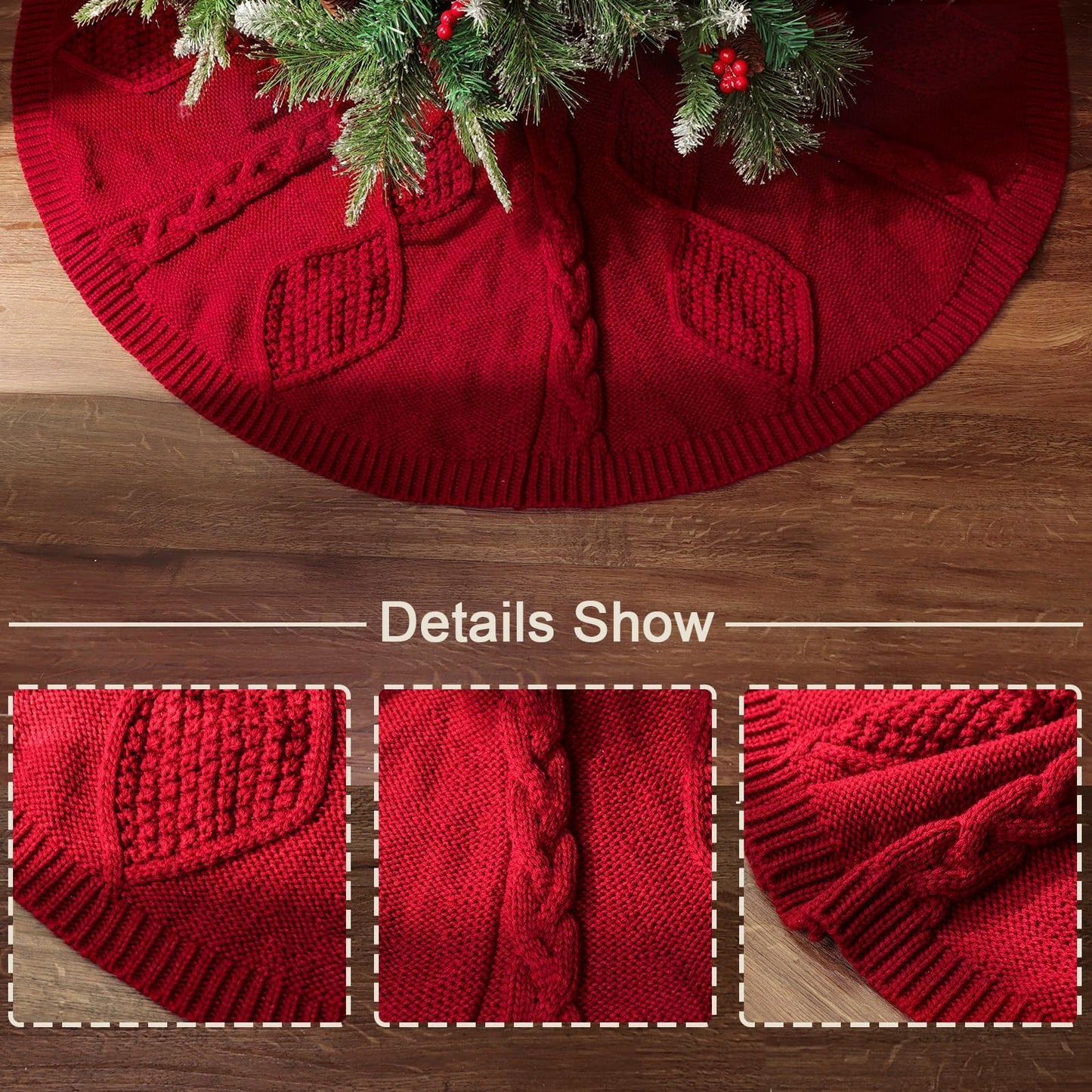 LimBridge Knitted Christmas Tree Skirt: 48 Inches Wine Red Tree Skirt, Diamond Braided Cable Knit Thick Rustic Christmas Tree Decorations, Farmhouse Christmas Decor Xmas Holiday Home Party Decorations