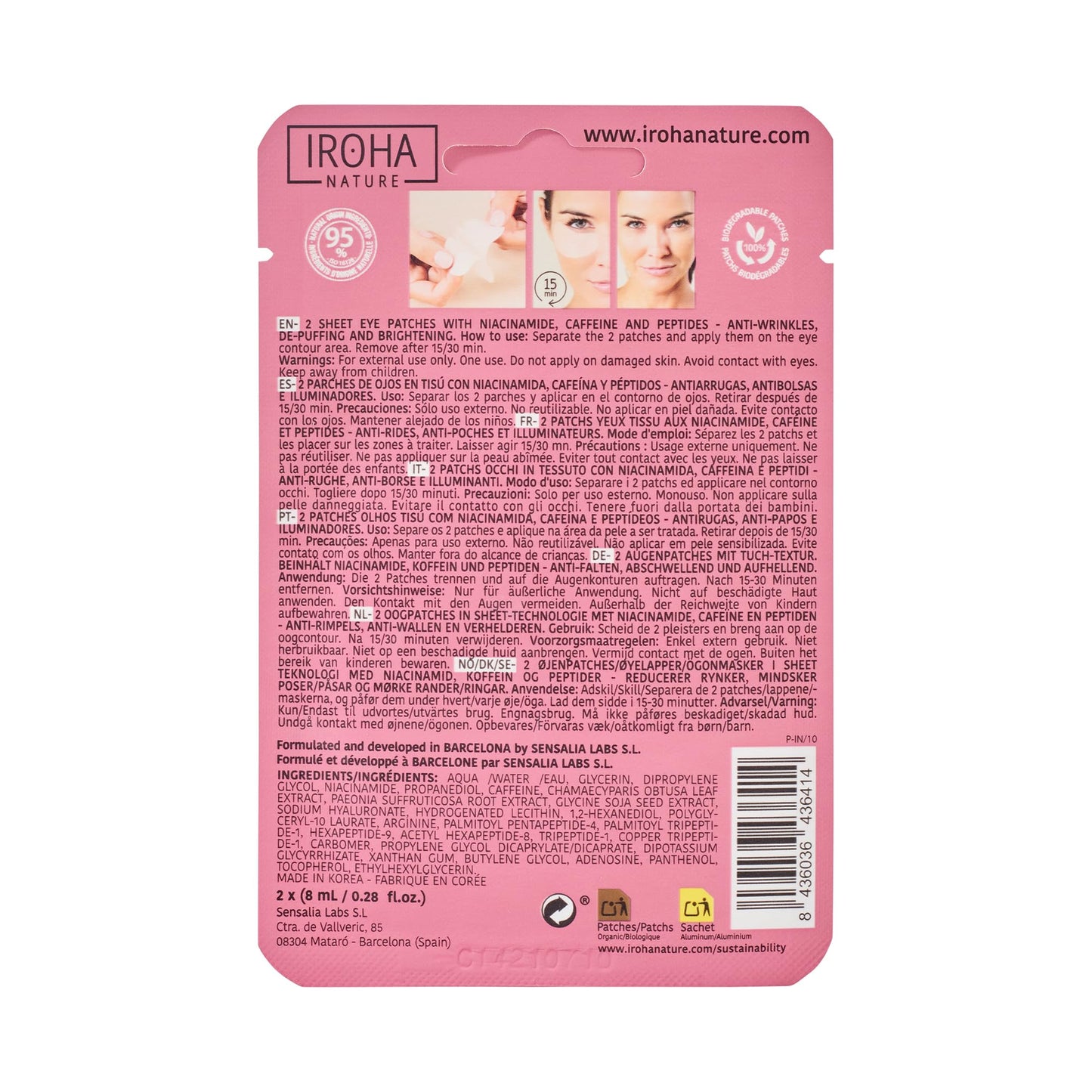 IROHA NATURE Eye Masks, Reduces Wrinkles, Dark Circles & Puffiness - Pack of 5 Pairs - Hydrating Patches with Niacinamide, Caffeine, Peptides - Vegan, Cruelty-Free, Skincare, Under Eye Treatment, Gift