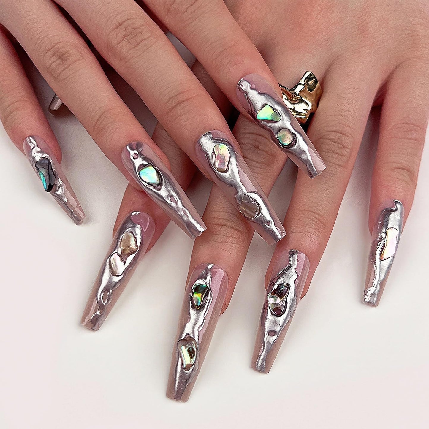 MISUD Press on Nails Long Coffin Fake Nails Glossy Glue on Nails 3D Silver Chrome Acrylic Nails Ballerina Artificial Nails Luxury Rhinestone Stick on False Nails with Design 24 pcs