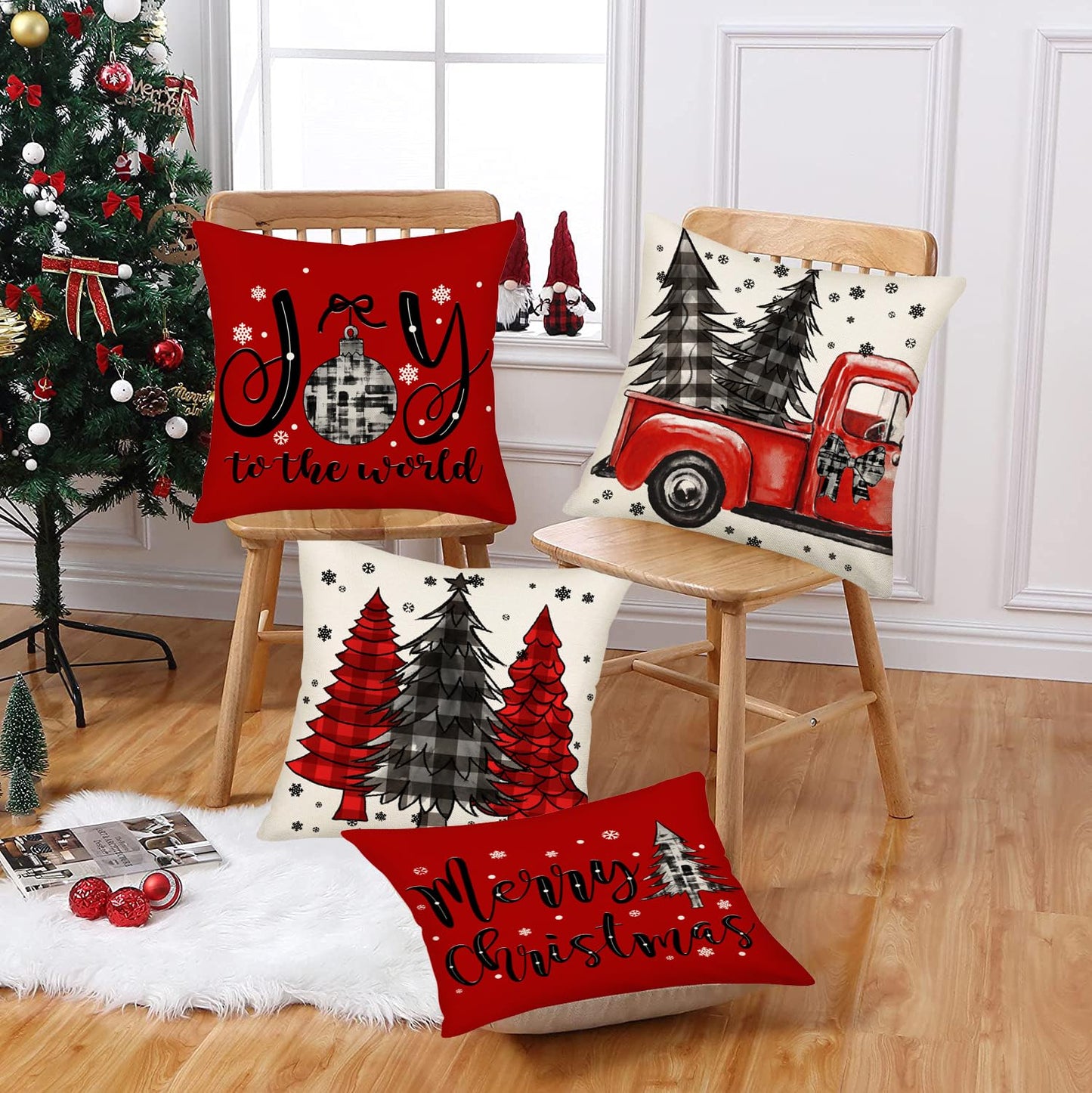 Fukeen Merry Christmas Pillow Covers 22x22 Inch Set of 4 Red Black Buffalo Plaid Farmhouse Truck Christmas Tree Decorations Throw Pillows Snowflake Joy to The World Winter Cushion Covers Couch