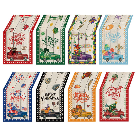 YOVOYOA 8 Pcs Truck Holiday Table Runner 72 Inches Long, Plaid Valentines Day St Patricks Day Mardi Gras Easter 4th of July Halloween Thanksgiving Day Christmas Burlap Table Decor for Home Party