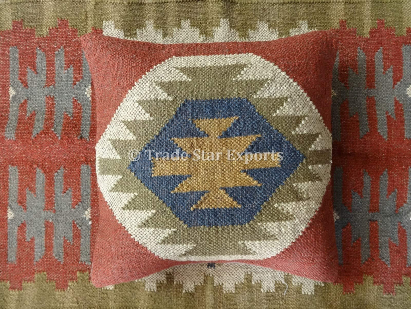 Trade Star Indian Kilim Pillow Cover 18x18 Inches Boho Jute Wool Cushion Case Ethnic Square Housewarming Pillow for Living Room Authentic Decorative Handwoven Throw Cushion Cover for Sofa Couch