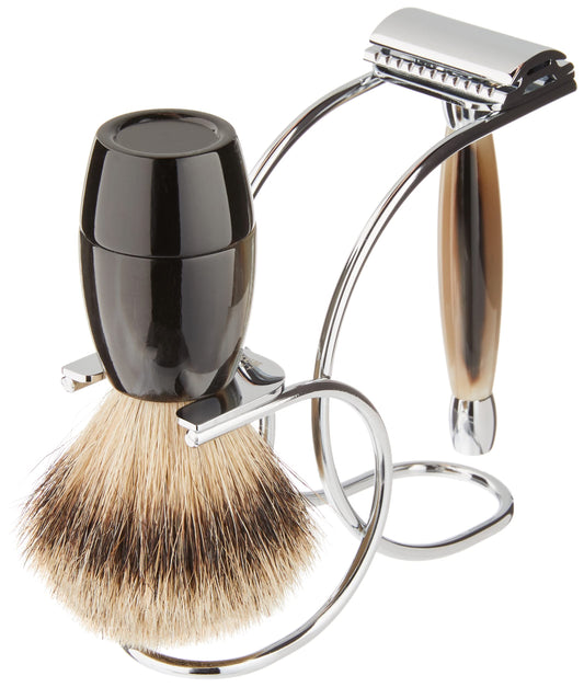 Merkur Merkur Razor Set 3-pieces (Razor 27 001, Brush, Stand), Bright Chrome, Cow Horn, 1 ct.