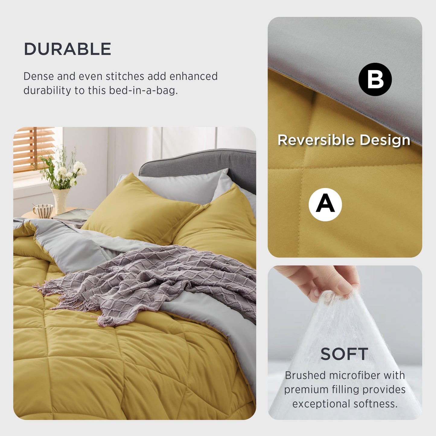 Bedsure Mustard Yellow Twin Comforter Set - 5 Pieces Reversible Twin Bed in a Bag for College, Extra Long Twin Bed Set Mustard Yellow and Grey with Comforters, Sheets, Pillowcase & Sham