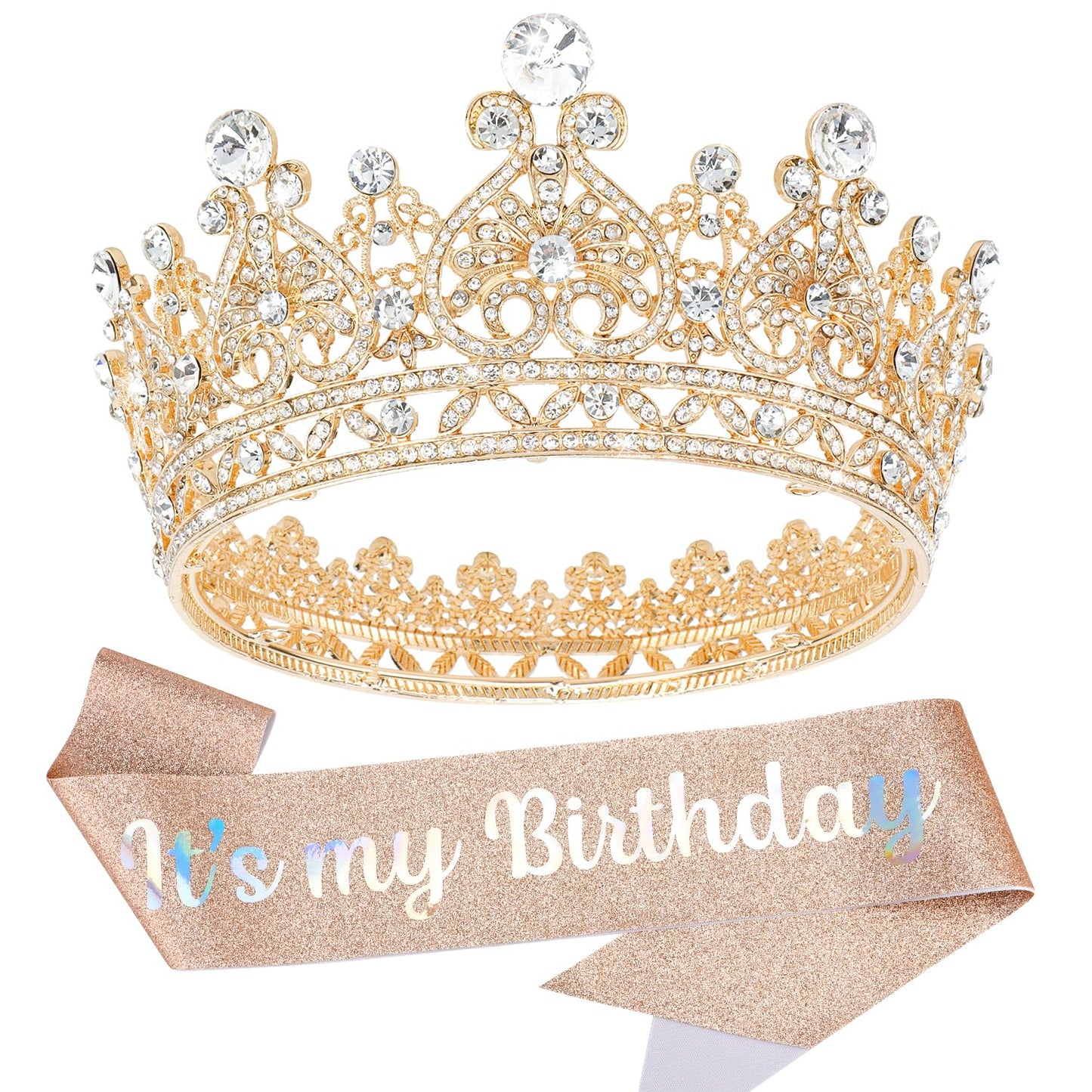 Aprince Birthday Crown and sash for Women Rose Gold Happy Birthday Crown Birthday Sash and Tiara for Women Crown Cake Topper Crowns for Women Birthday Accessories for Party Crown Headband