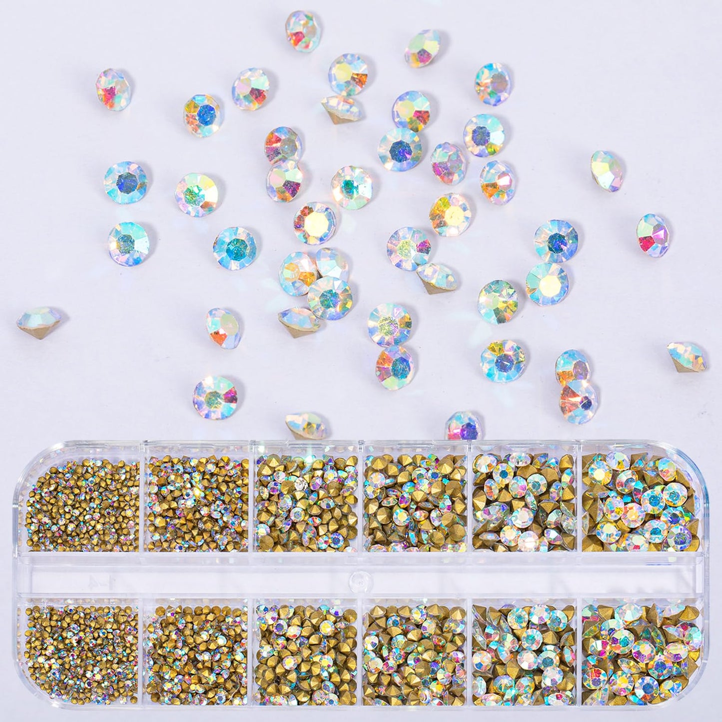 1 Box 12Grids Nail Art Rhinestones Kit 1660Pcs Nail Gems AB Aurora Charms Gem Stones, with Storage Organizer Box/Size(1.6mm-4.6mm) for Nail Art Craft