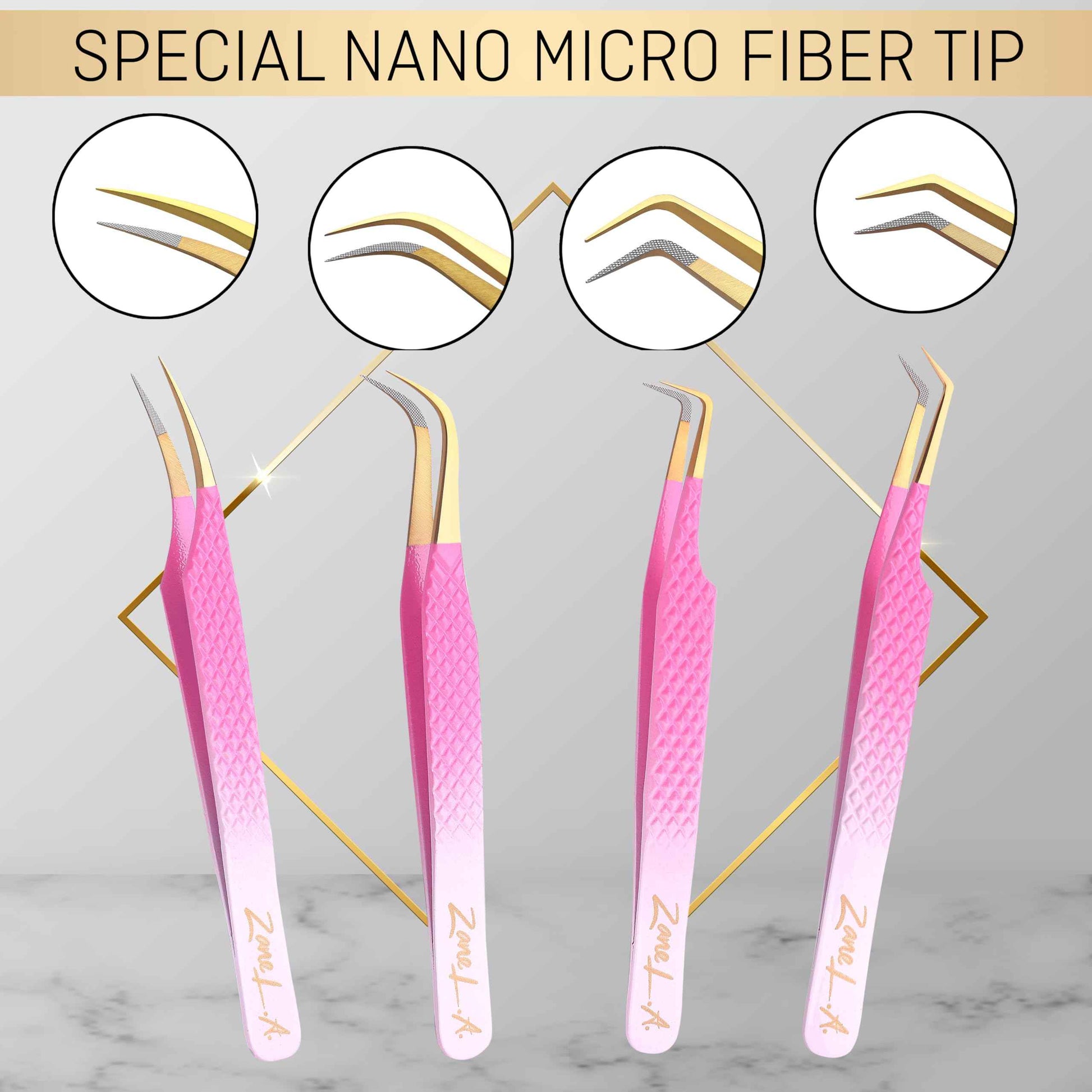 Zane L.A. Nano Fiber Tip Professional Eyelash Extension Tweezers, a pack of 4, Quality tweezers made with Japanese Stainless Steel, FREE Eyelash Separator. (Pink and White)