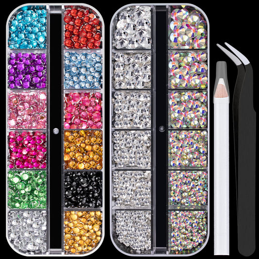 Flat Back Rhinestone Kits Colorful Rhinestones+Crystal AB&Transparent White Gems With Picker Pencil And Tweezer For Home DIY And Professional Nail Art