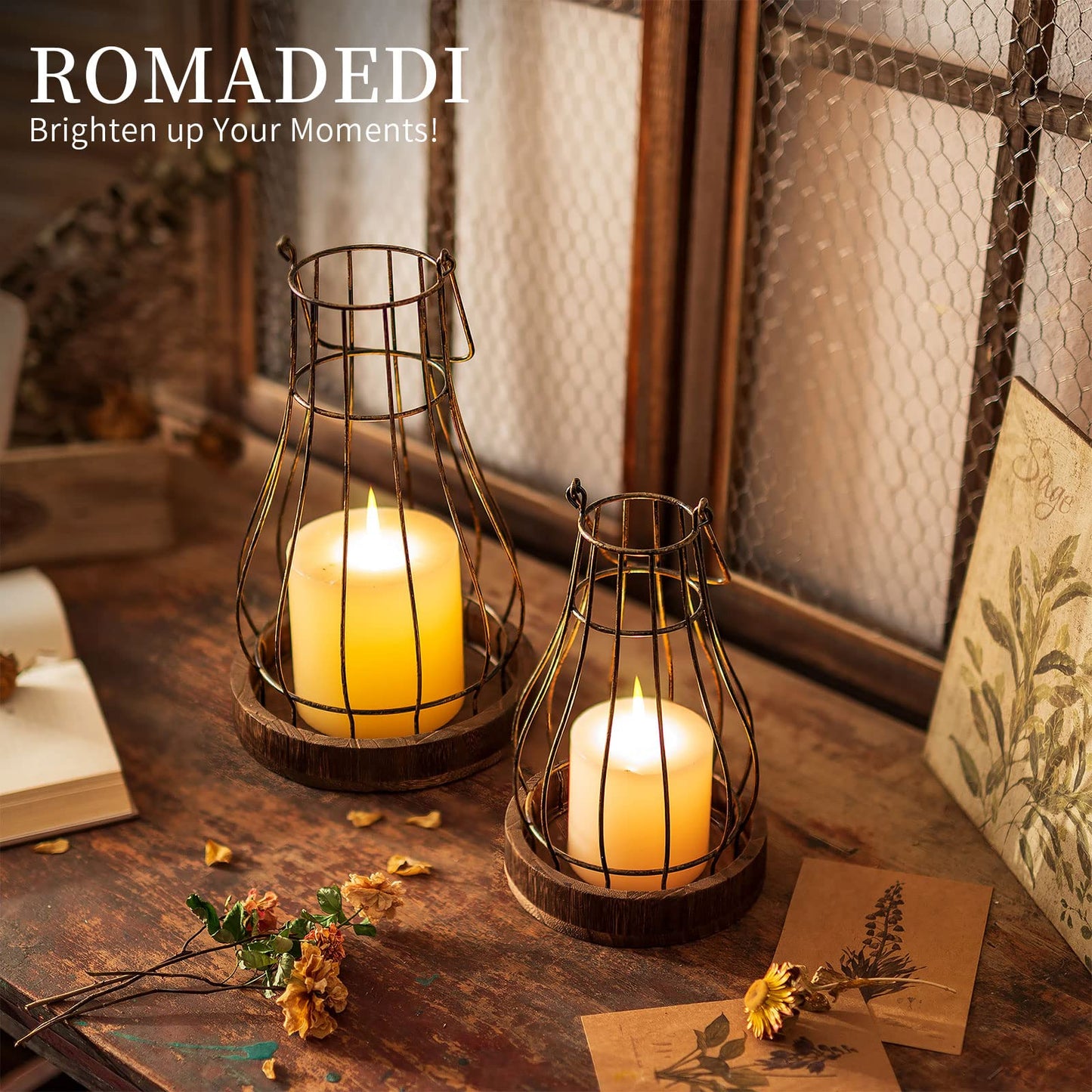 Romadedi Lantern Farmhouse Home Decor - Rustic Candle Holders Decorative Lanterns for Candle Living Room Kitchen Dining Coffee Table Fireplace Mantle Outdoor