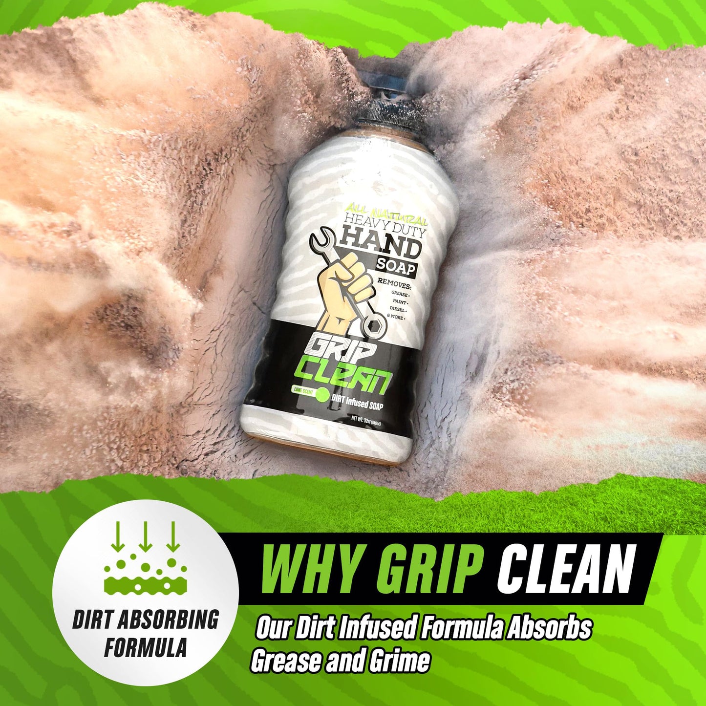 Grip Clean - Degreaser Hand Cleaner for Auto Mechanics - Dirt-Infused Liquid Hand Soap Absorbs Grease, Oil, & Odors. Natural Heavy Duty Pumice Soap with Moisturizing Ingredients. Lime Scented