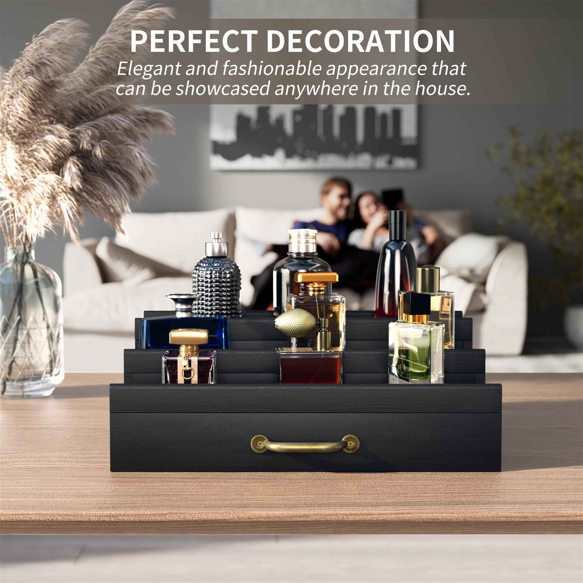 YIKIBOX Cologne Organizer for Men,Wooden Perfume Organizer with Hidden Compartment and Drawer,Cologne Stand and Storage Display Risers for Dresser,Great Gift for Men/Friend(Black)