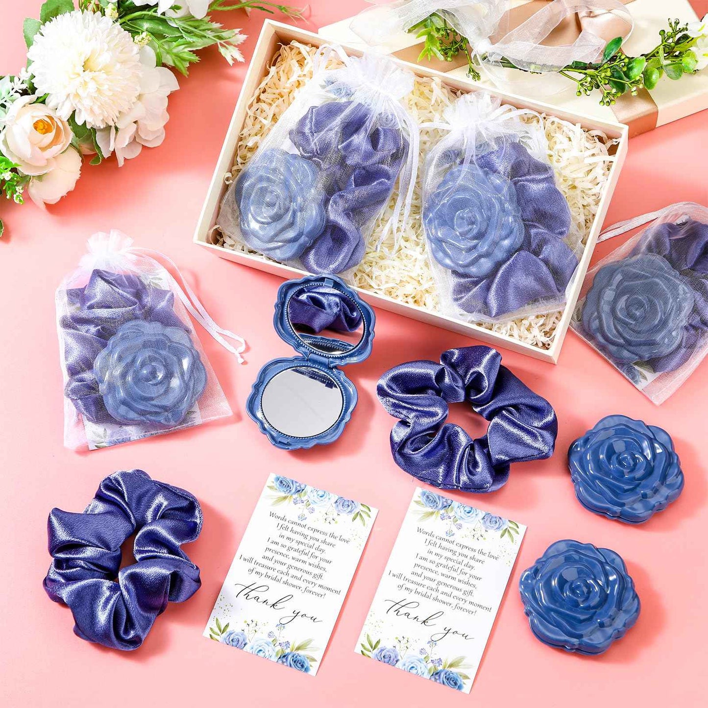 XunYee 30 Sets Bridal Shower Favors for Guests 30 Rose Compact Mirror Bulk 30 Hair Ties Satin Elastic Scrunchies 30 Thank You Card and Organza Bags Souvenir Gift for Wedding Party Favors (Dusty Blue)