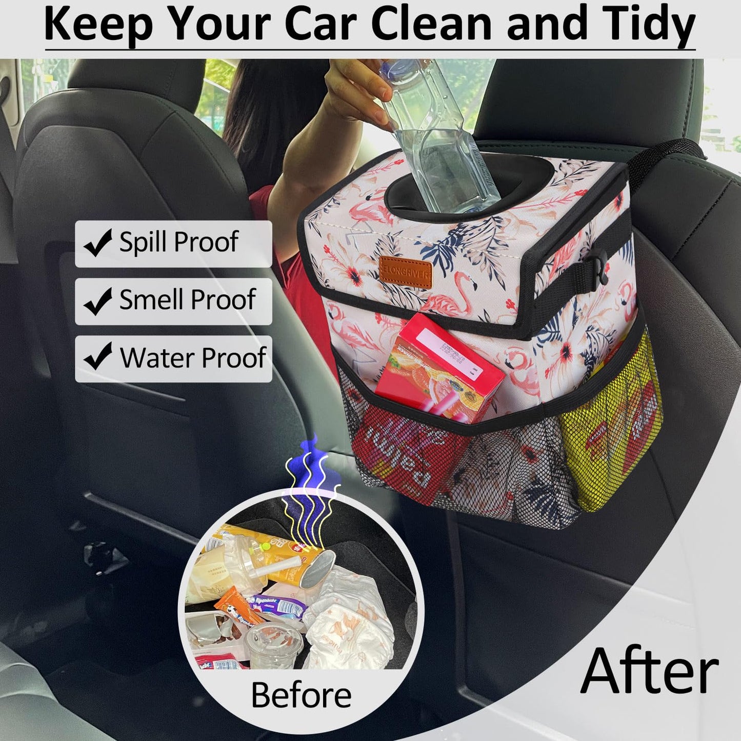 ELONGRIVER Car Trash Can Bin for Car Back Seat Leak Proof, Cute Car Trash Bag Hanging, Vehicle Trash Can for SUV Truck Van, Automotive Car Garbage Cans Front Seat Flamingos