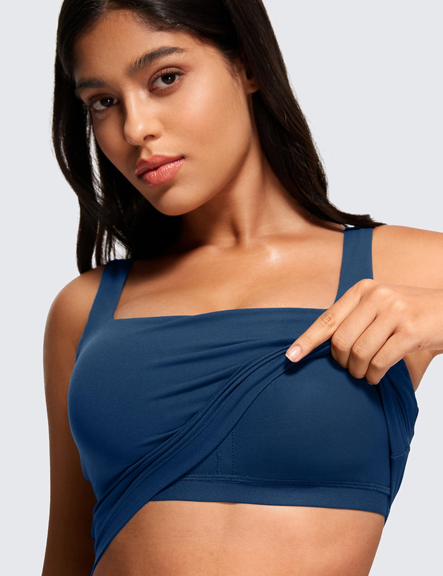 CRZ YOGA Butterluxe Womens Square Neck Longline Sports Bra - Workout Crop Tank Tops Padded with Built in Shelf Yoga Bra French Navy XX-Small