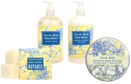 Greenwich Bay Fresh Milk Body Care Spa Quartet - Hand Soap, Lotion, Body Butter, and Soap Bar Square - Luxurious Shea Butter Skin Care in Captivating Botanical Scents