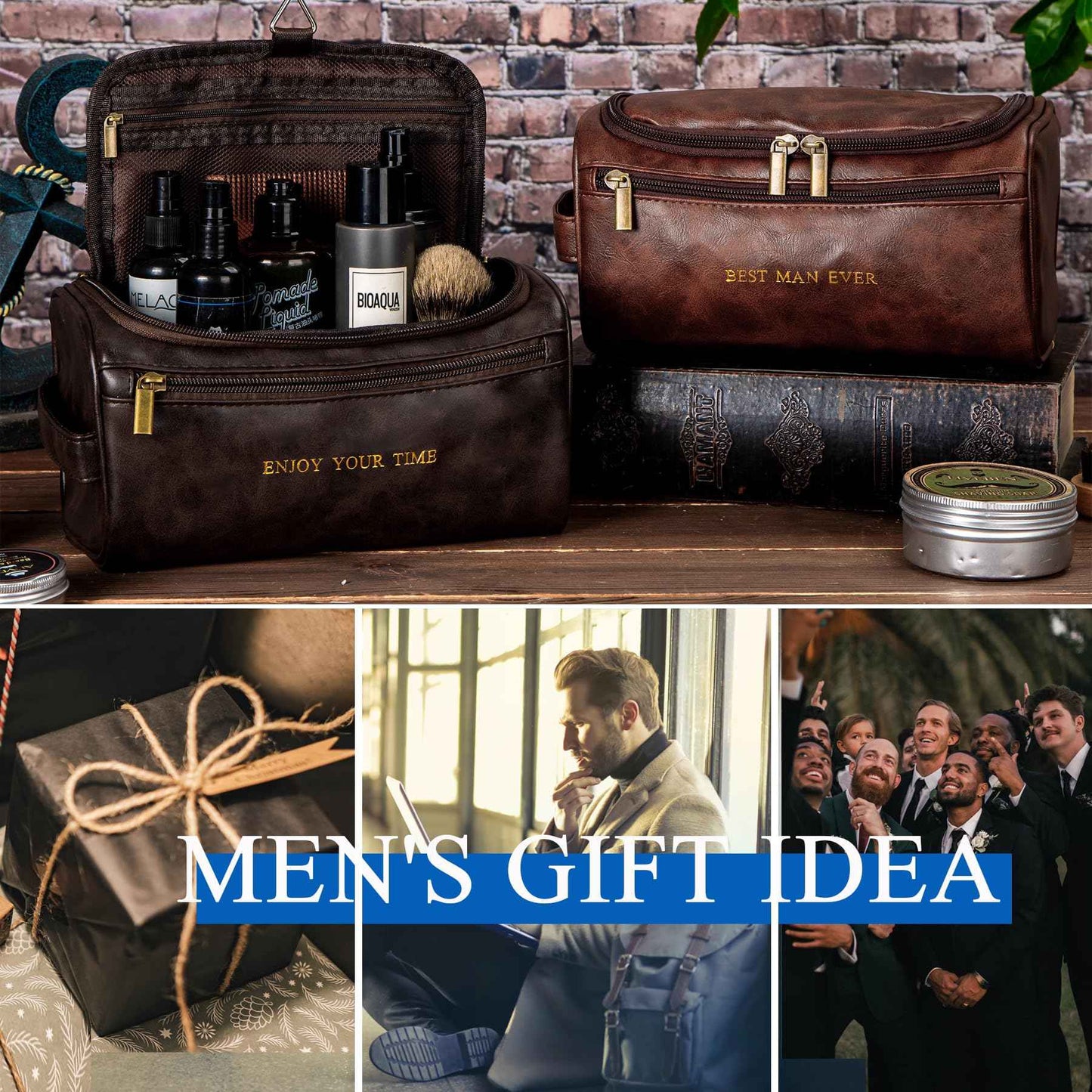 Flycalf Mens Toiletry Travel Bag Customized Mens Leather Toiletries Grooming Bag for Men Shaving Bag Hanging Water Resistant Organizer (Brown)