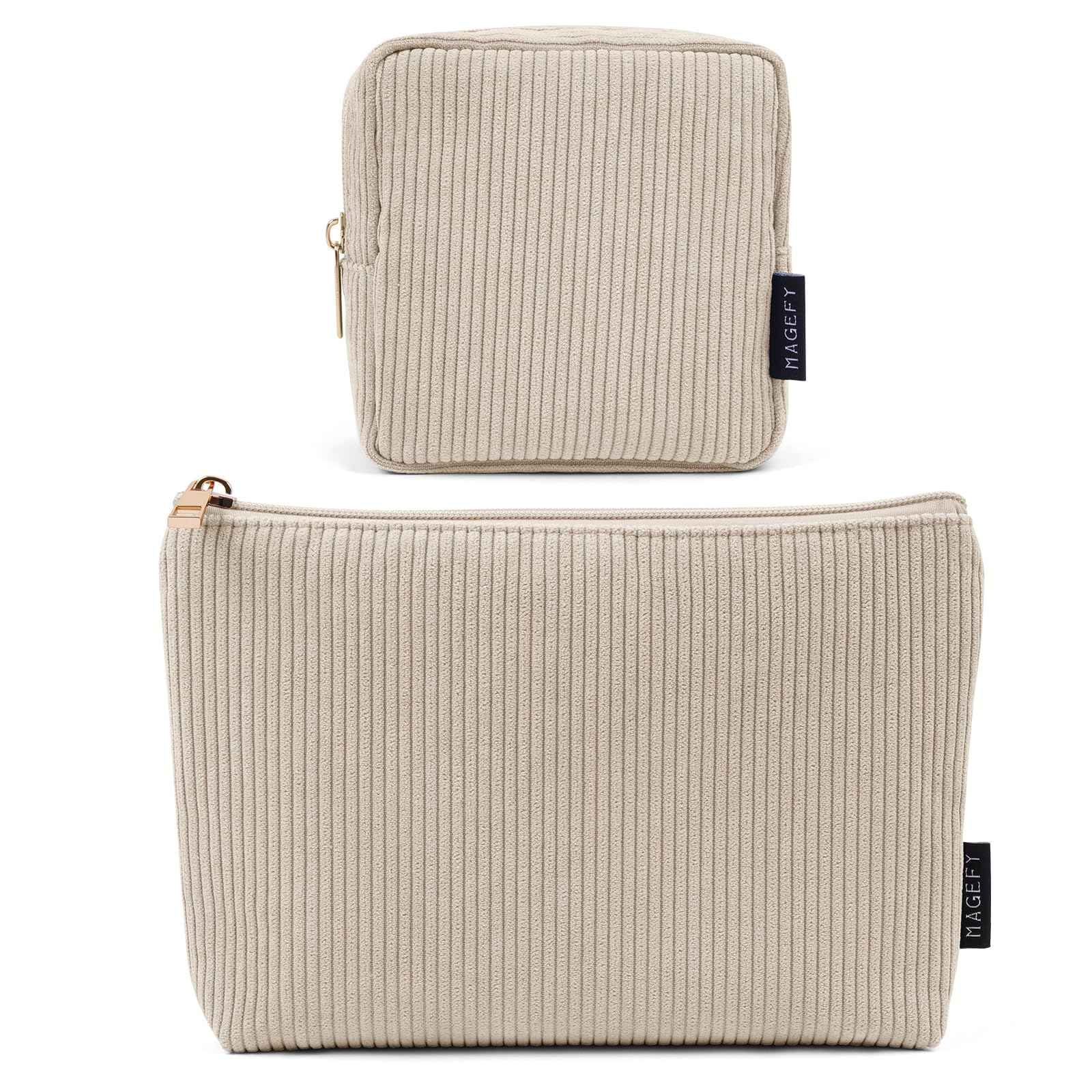 MAGEFY Small Makeup Bag, 2 Pcs Corduroy Makeup Bag for Purse Make Up Organizer Bag Mini Pouch with Slip-in Pockets Aesthetic Preppy Stuff - Beige