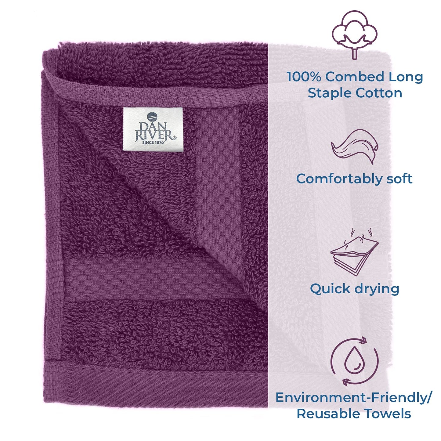 DAN RIVER 100% Cotton Face Towels 12 Pack - Premium Quality Washcloths Highly Absorbent Towels for Bathroom, Spa, Gym - Quick Dry Essential for Daily Use 12x12 in, 600 GSM – Purple Passion