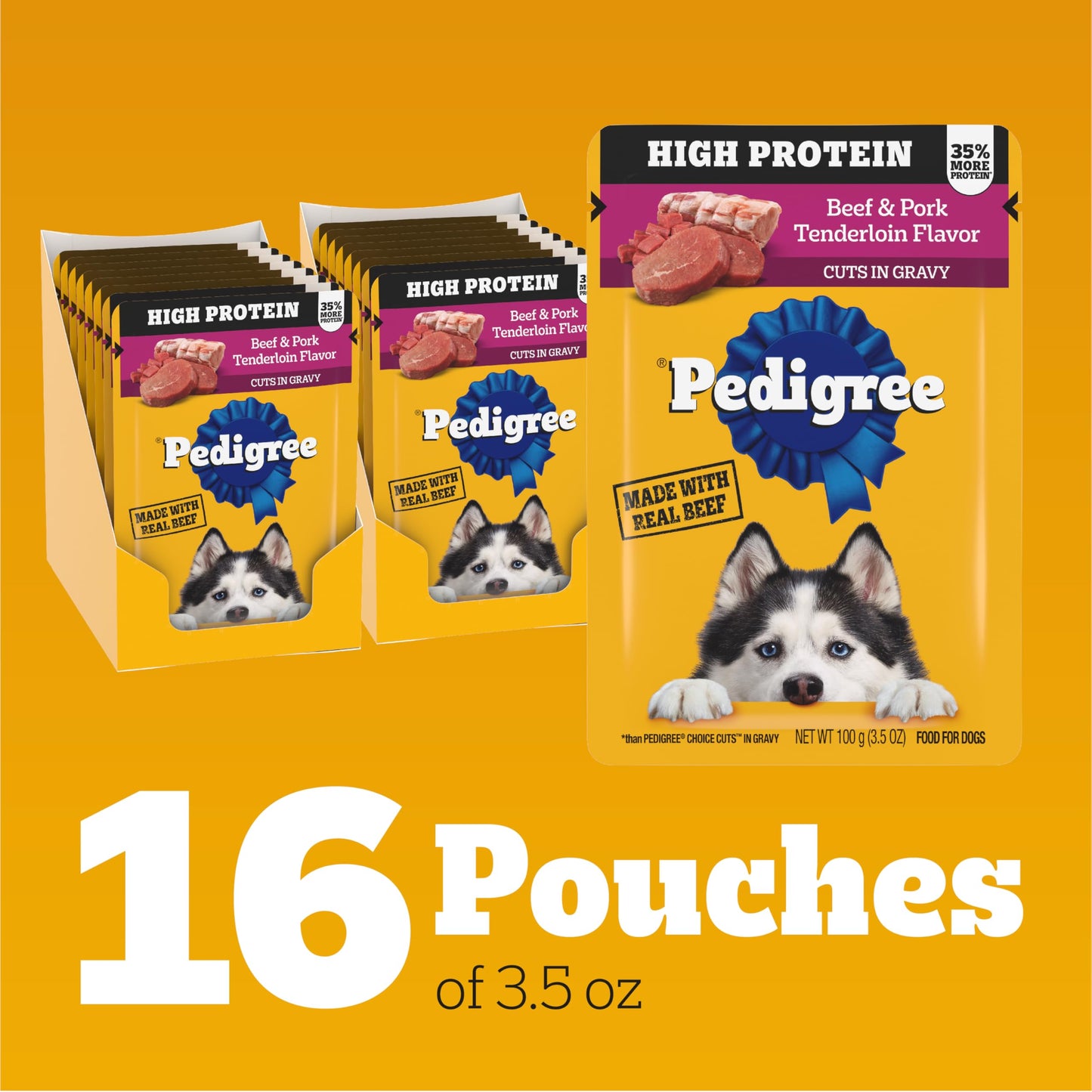 Pedigree High Protein Adult Soft Wet Dog Beef & Pork Tenderloin Flavor, 3.5 oz Pouches, 16 Pack