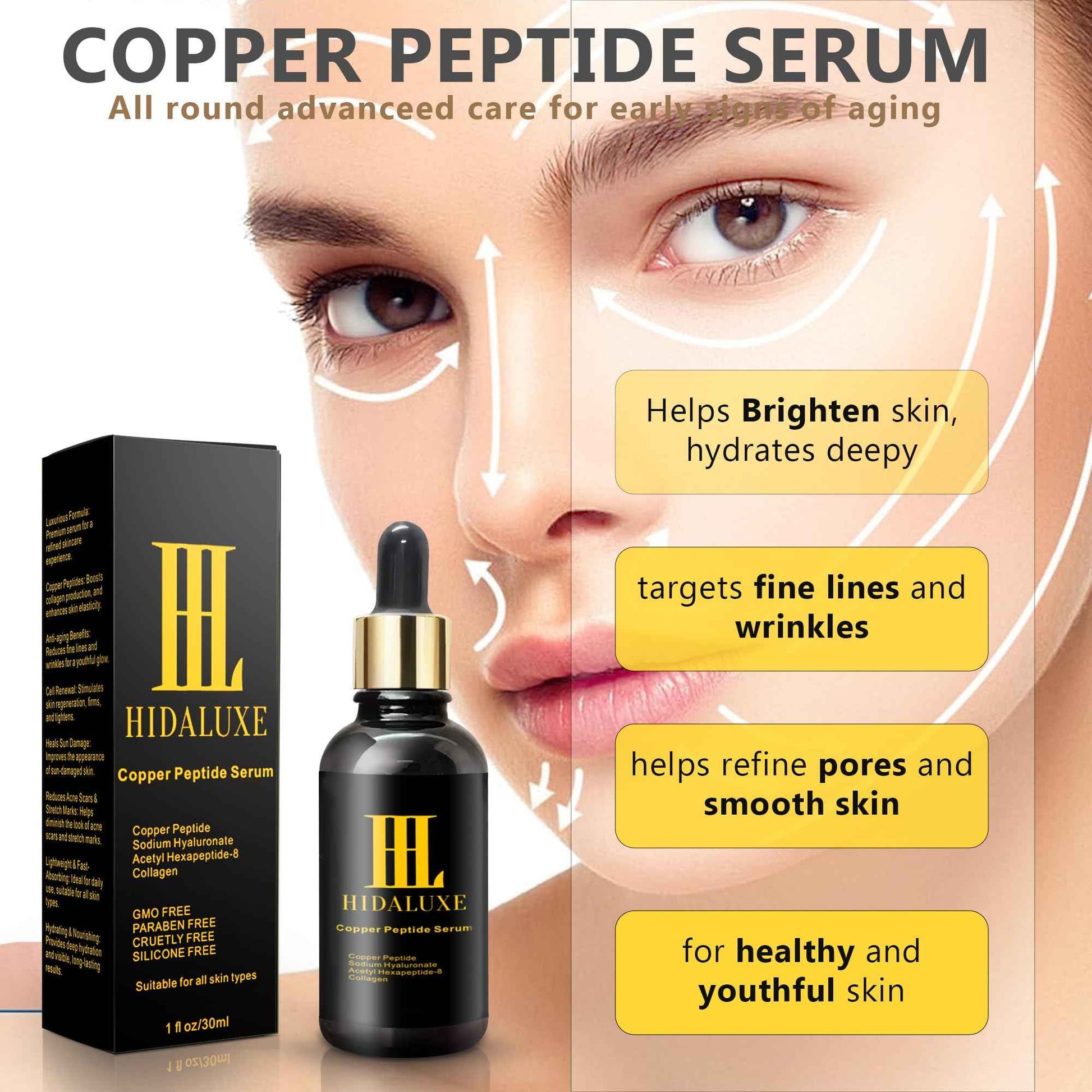 HIDALUXE Copper Peptide Face Serum: Tightening, Repairing, and Collagen Boosting with Hyaluronic Acid | GMO FREE, PARABEN FREE, CRUELTY FREE, SILICONE FREE