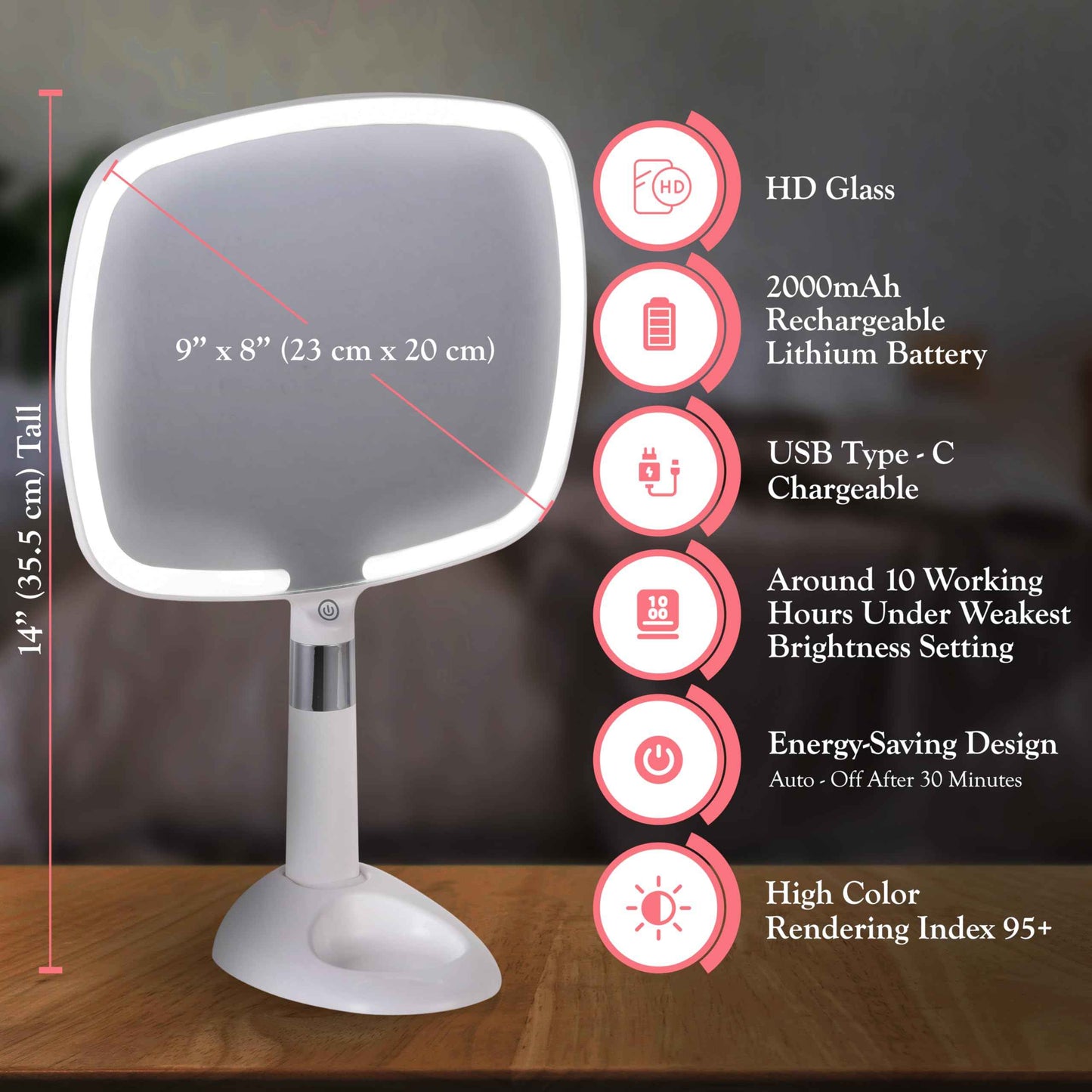 MIRRORVANA Lighted Travel Hand Mirror with Comfy Handle and Detachable Stand - Portable, Thin and Lightweight Design - Rechargeable with 3 LED Light Settings - 9" x 13" (White)